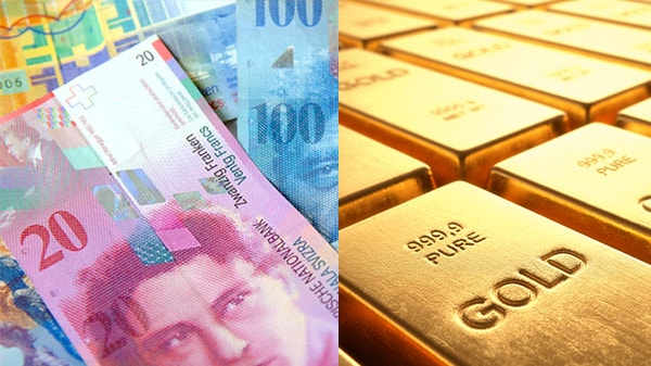 swiss francs with gold bars