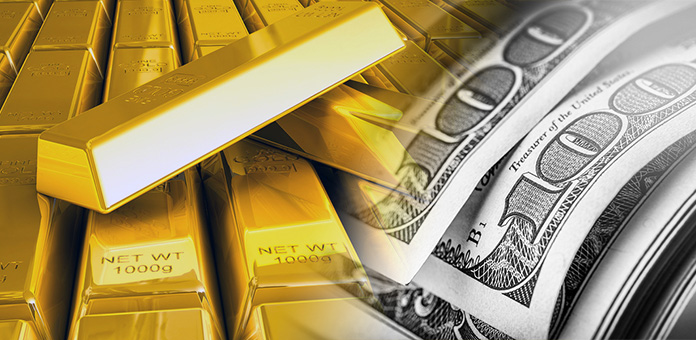 gold bullion bars and dollars