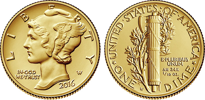 2016 w gold mercury dime - 100th anniversary