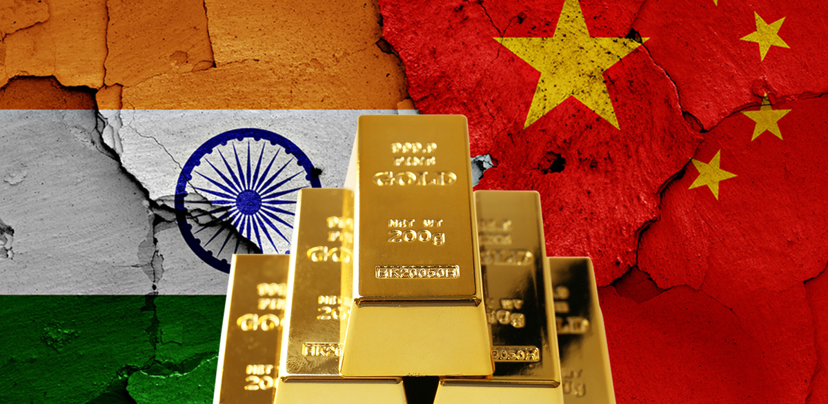 gold bars over China and India flags