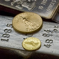 bullion gold coin and silver bars