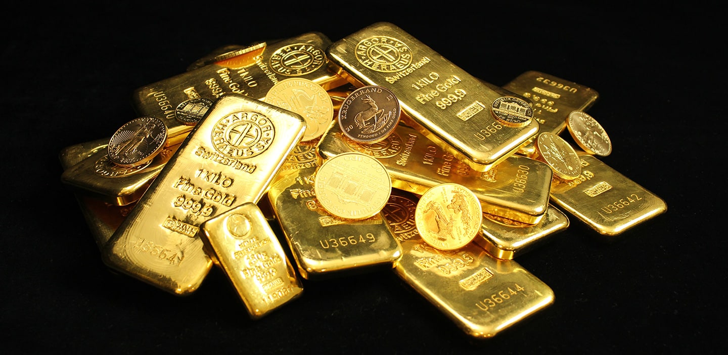 gold bullion pile coins and bars