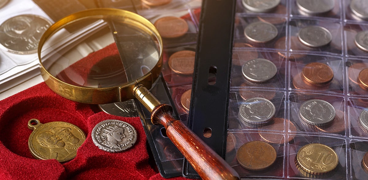 inspecting coins and numismatics