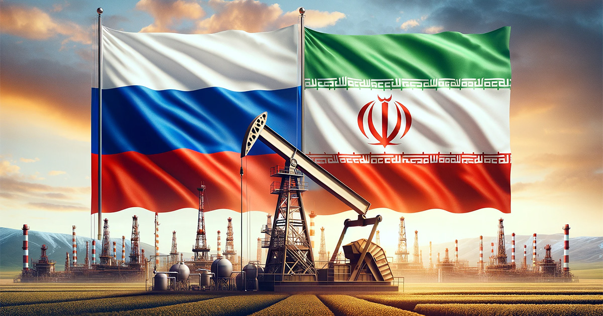 russia iran flags oil field