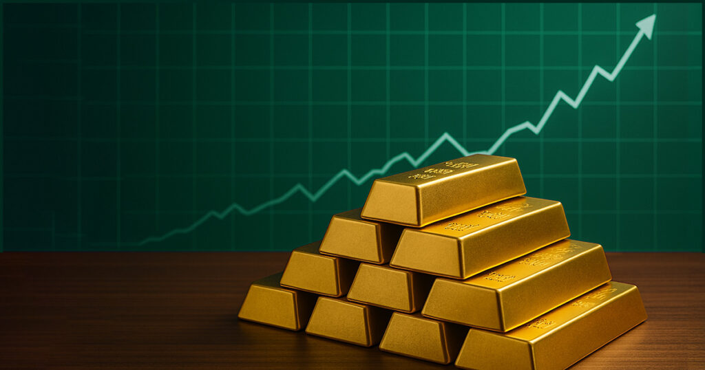 gold bullion bars and green chart