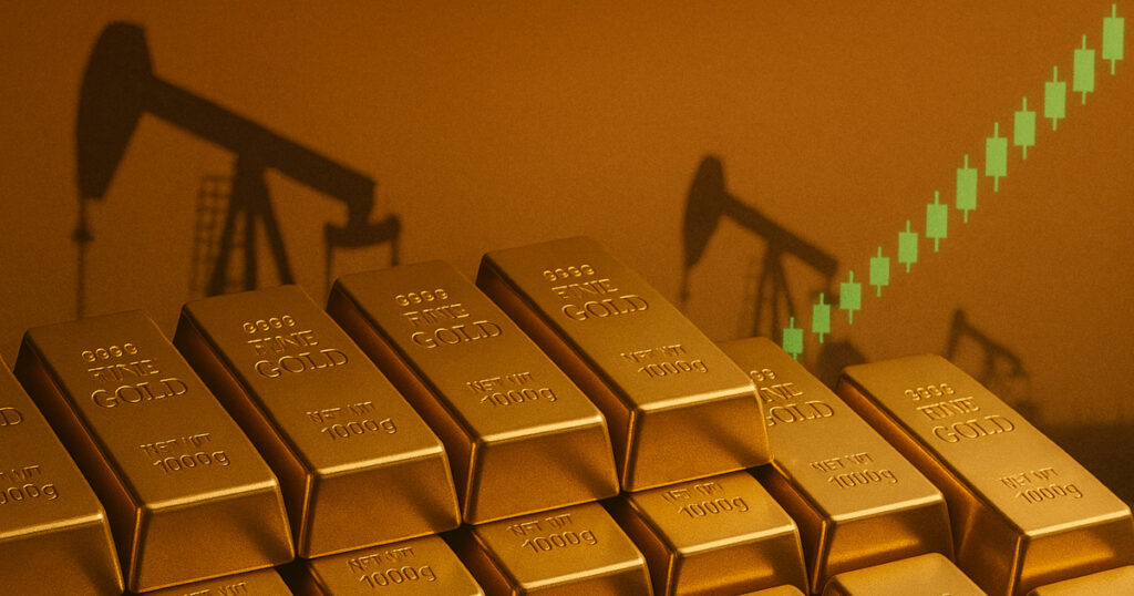 gold bars and oil rigs