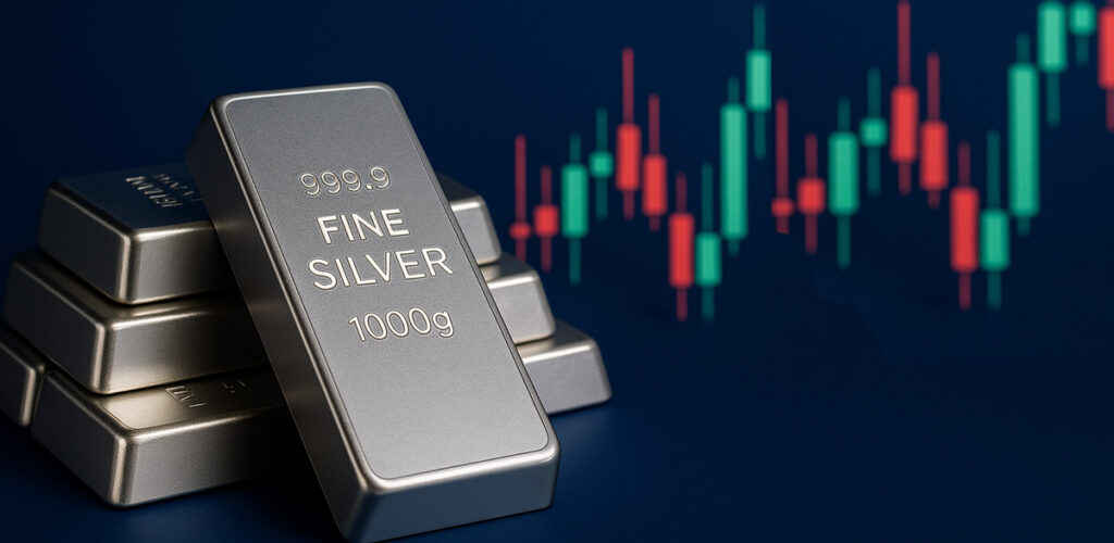 silver bars with stock chart