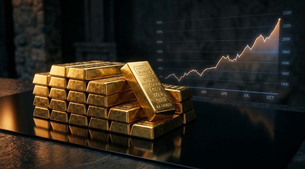 Stacked gold bars with a glowing upward market chart, symbolizing gold's 2026 price correction and rebound outlook