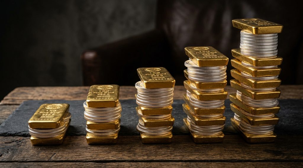 Stacked gold bars and silver coins arranged in ascending piles representing dollar cost averaging accumulation