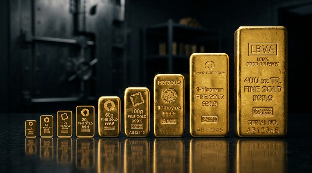 Stacked gold bars of varying weights and sizes from small wafers to a large bullion bar