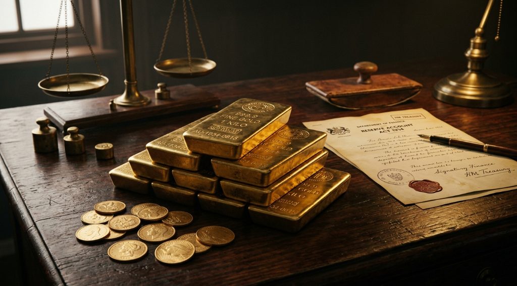 Stacked gold bars and coins beside a vintage 1930s government document, symbolizing US gold confiscation history