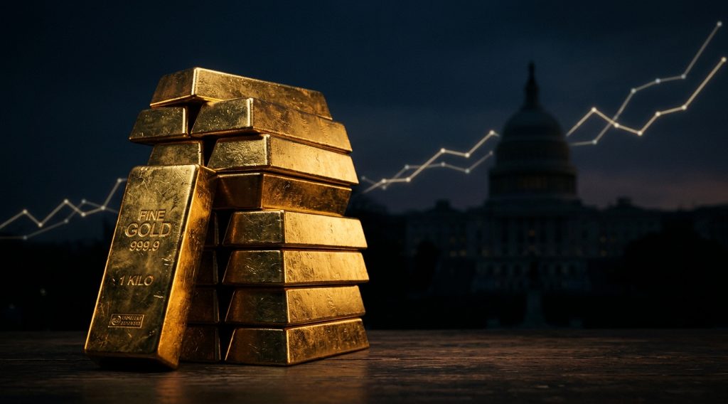 Gold bars glowing against a dark backdrop symbolizing rising U.S. national debt