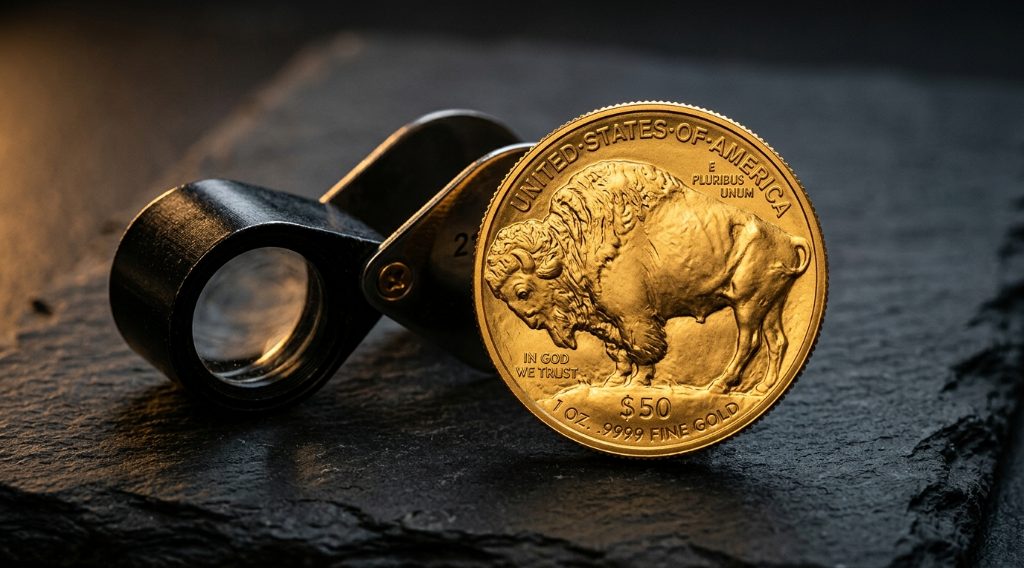 Close-up of a $50 Gold Buffalo coin beside a jeweler's loupe used to check for counterfeits