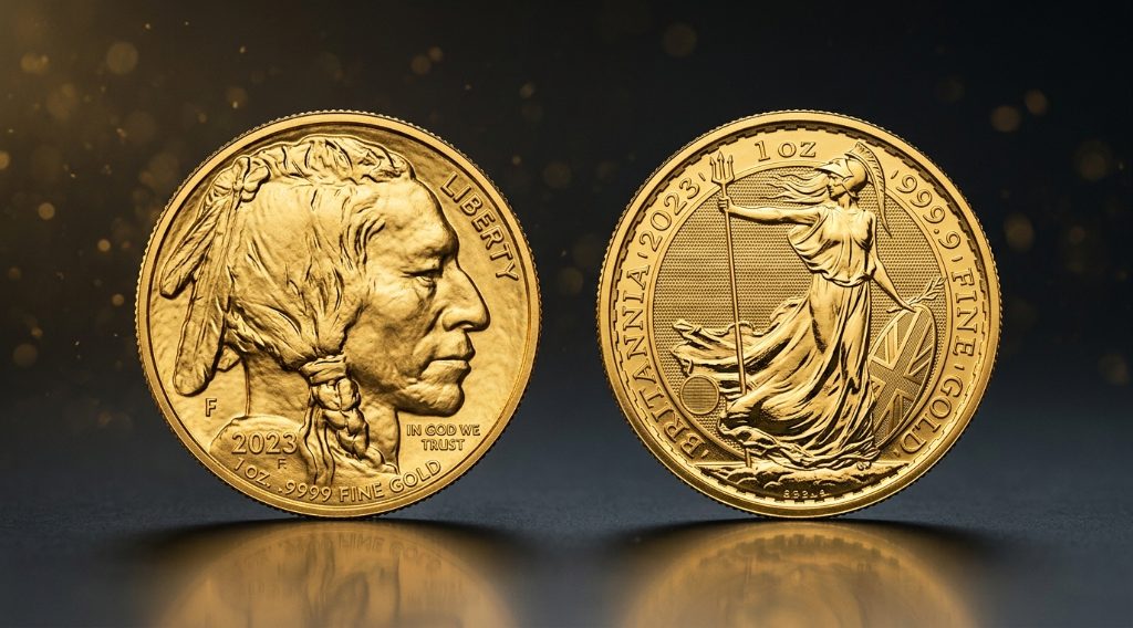 Gold Buffalo and Gold Britannia bullion coins compared side by side