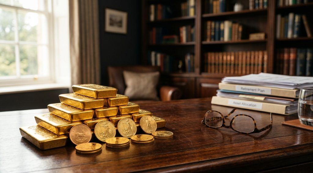 Gold bars and coins on a desk representing gold IRA retirement planning