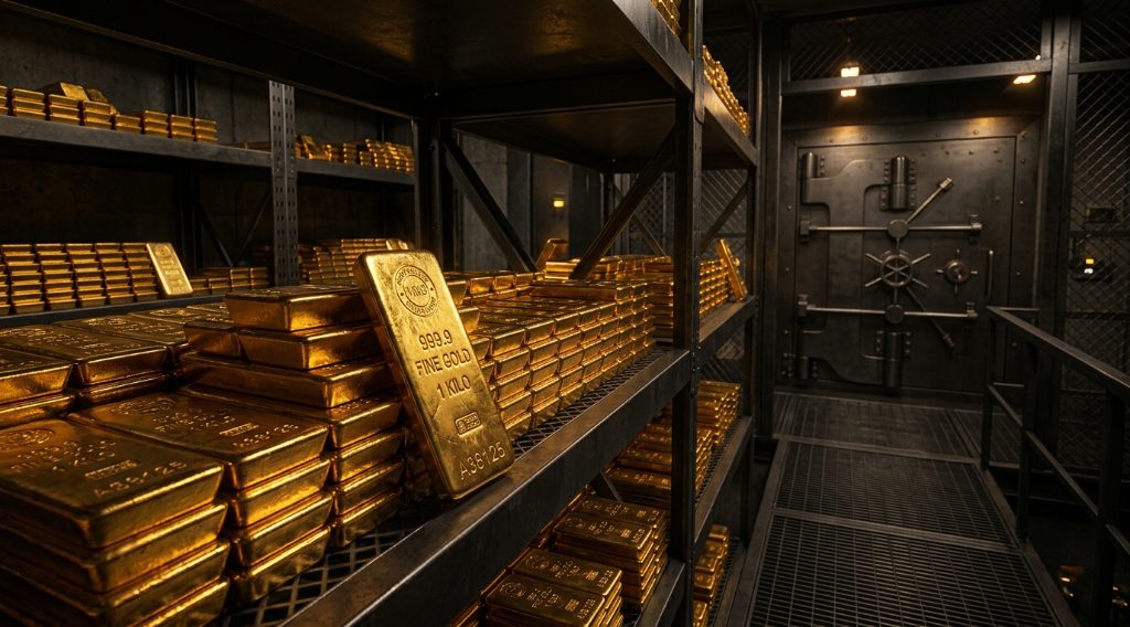 Stacked gold bars inside a secure vault representing rising storage demand