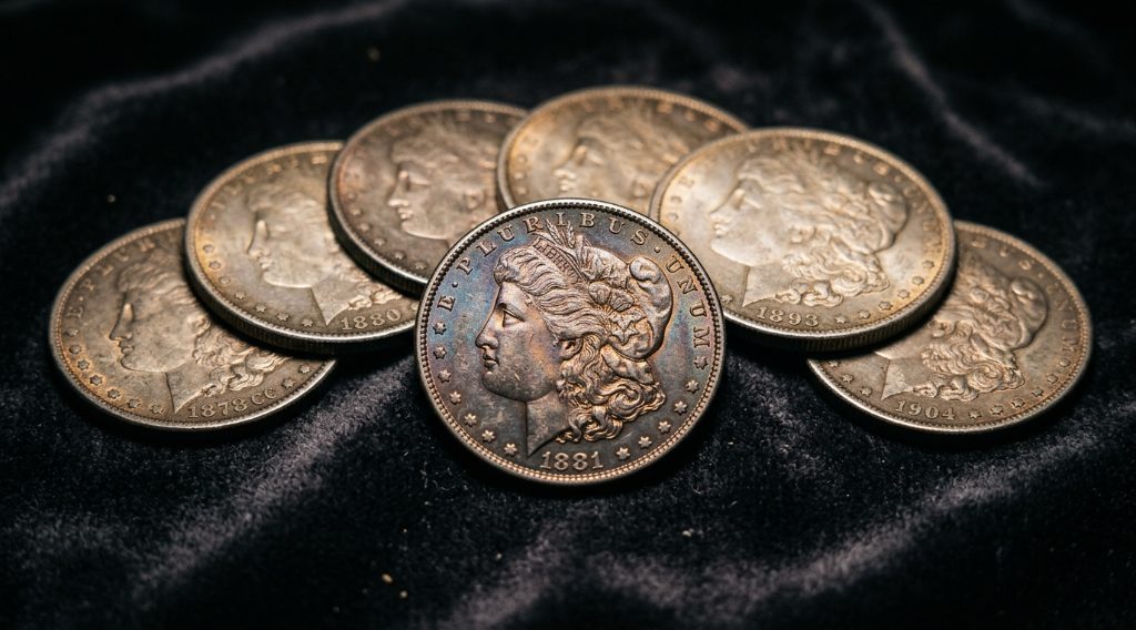 Rare Morgan silver dollar coins spotlighted on dark velvet