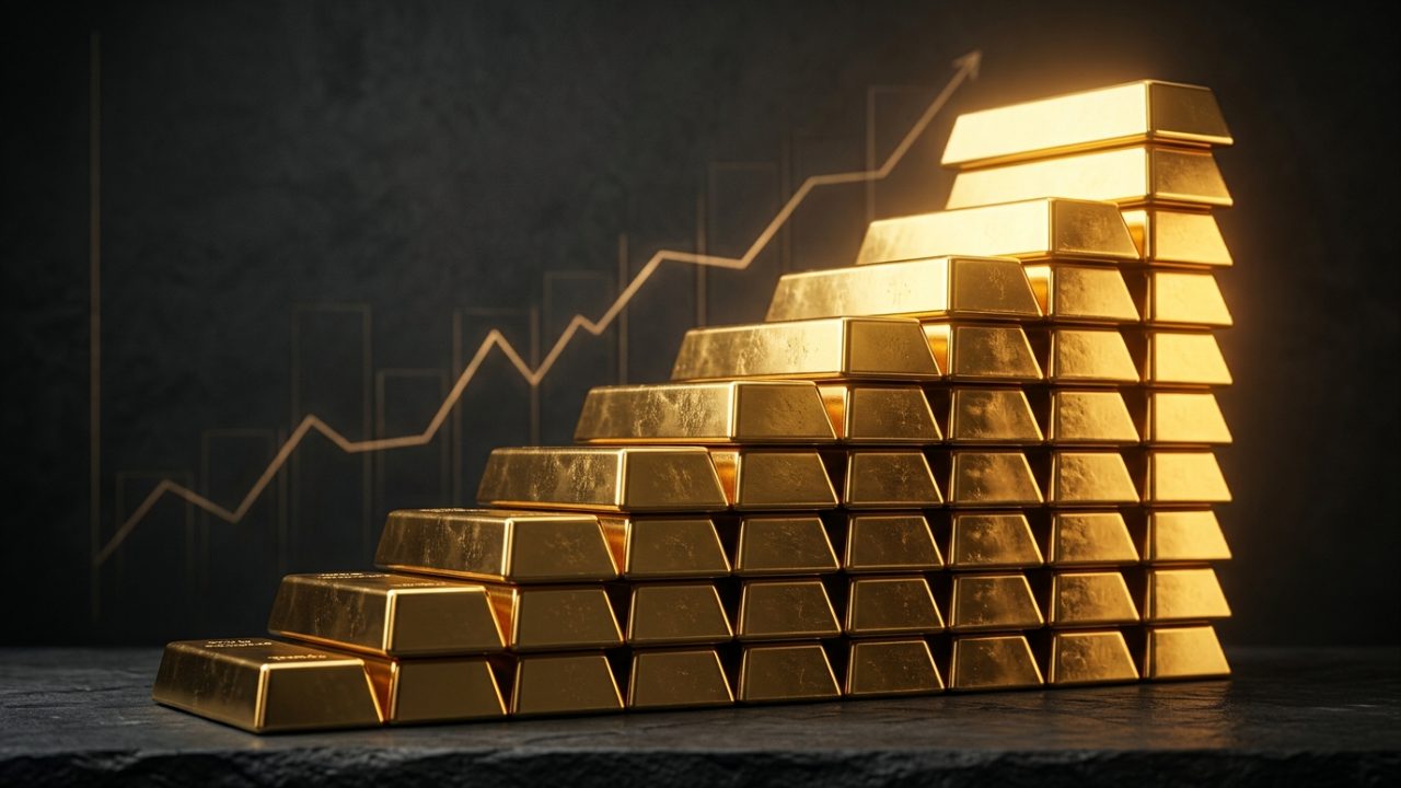 stack of gold bars rising like a staircase against an upward price chart