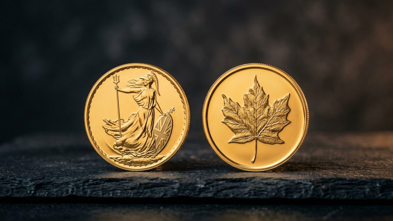 Gold Britannia and Gold Maple Leaf bullion coins side by side