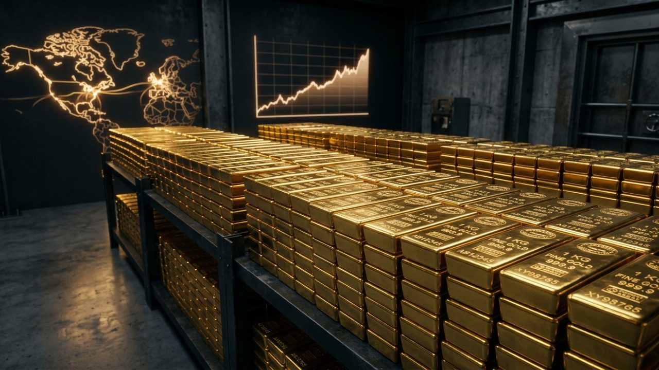 gold bullion bars stacked in a vault with a rising chart