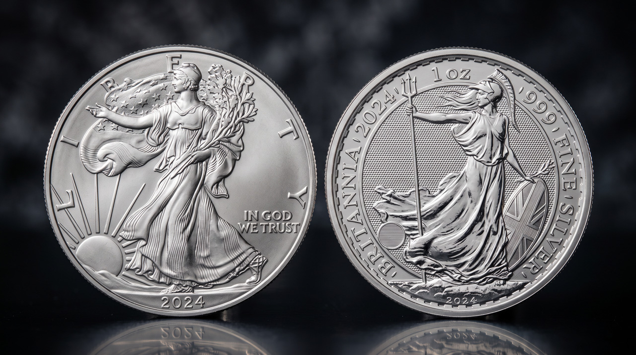 American Silver Eagle and Silver Britannia coins side by side
