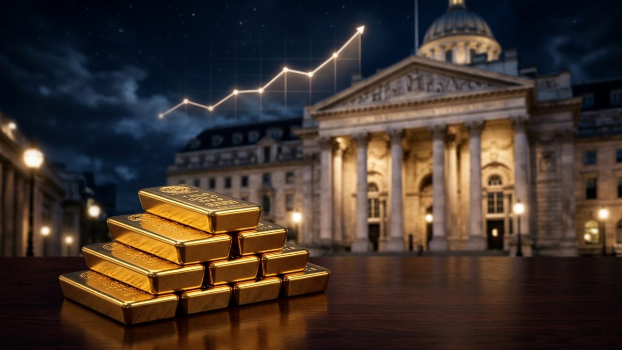 gold bars in front of a central bank with rising bond yield chart