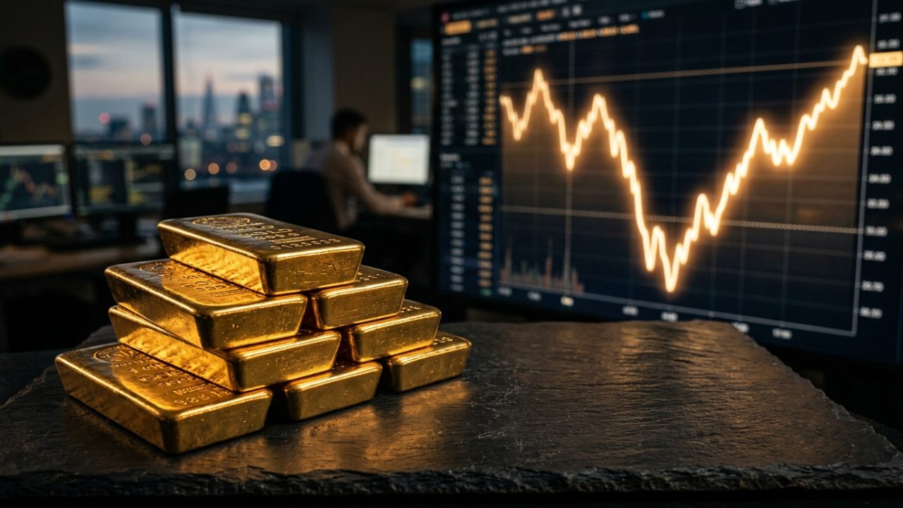 gold bars in front of a chart showing a price dip and recovery