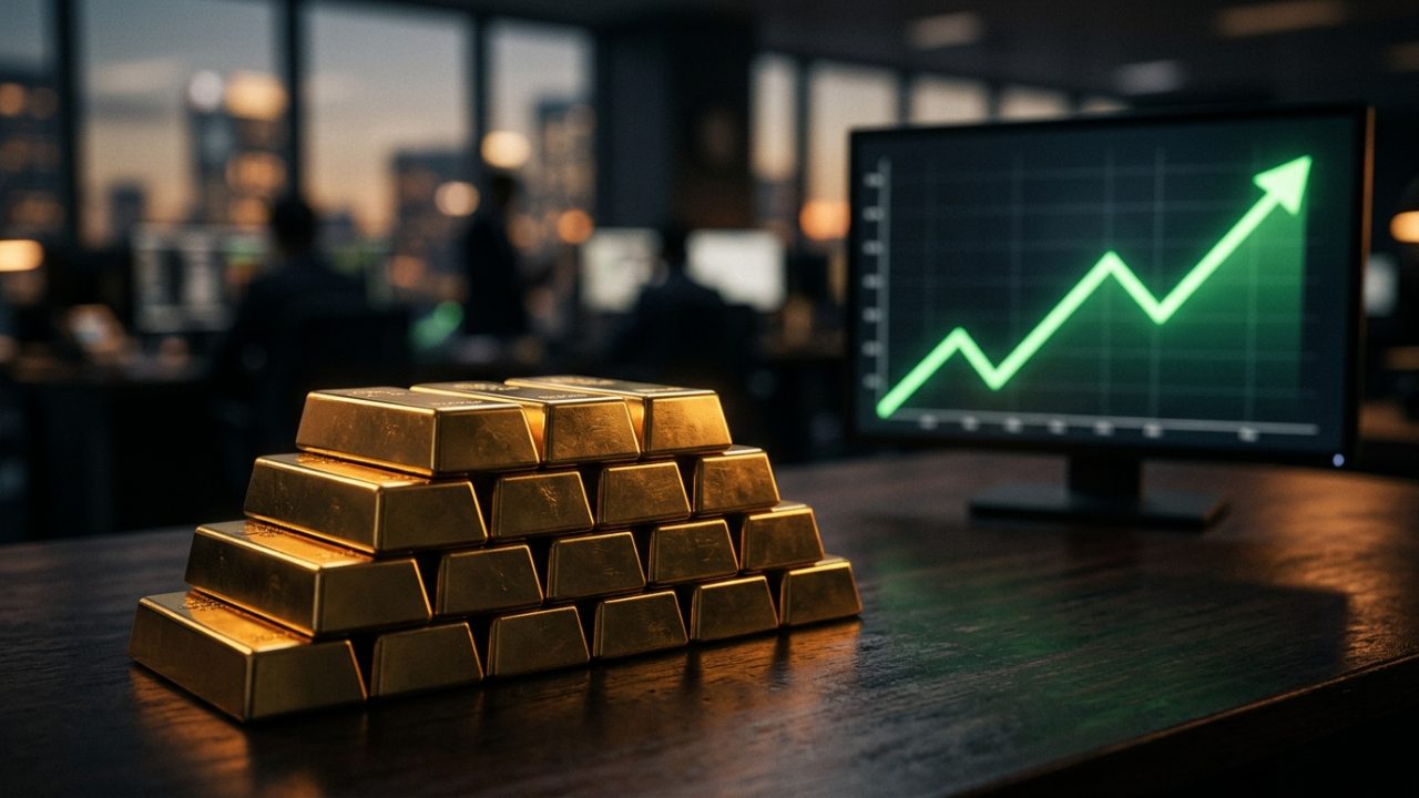 stack of gold bars beside a rising gold price forecast chart